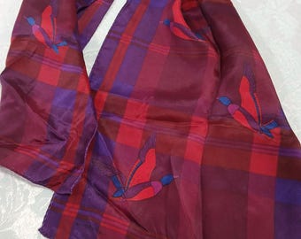 Bufanda vintage de seda color granate y morado con gansos de Liz Claiborne Accessories