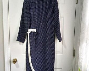 Vestido midi vintage azul marino con lunares blancos de Jane Street New York