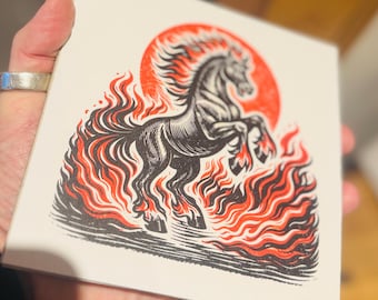 Grabado en linóleo "Caballo de Fuego", obra de arte, edición limitada, impreso en el Reino Unido.