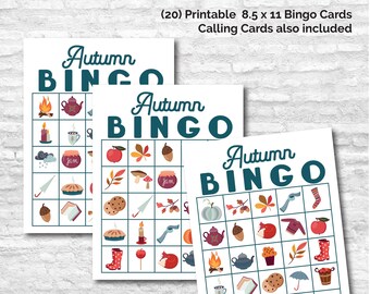 Printable Autumn Bingo Game, Party, Classroom, 20 Different Cards
