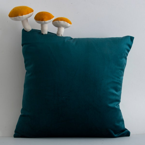 Fungimaa emerald green pillow with yellow mushrooms