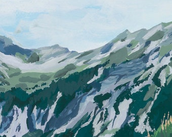 Verão nos Alpes, impressão de arte pigmentada de arquivo de pintura a guache assinada por Gillian Dwyer