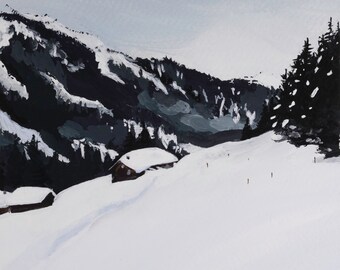Wintry Hills, impressão de arte pigmentada de arquivo de pintura a guache assinada por Gillian Dwyer