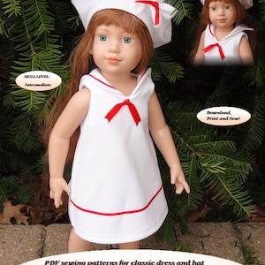 Puede incluir: Patrón de costura PDF para un vestido y un sombrero blancos con ribetes rojos para una muñeca de 45,7 cm. El patrón incluye instrucciones ilustradas paso a paso en inglés.