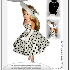 May include: A vintage doll in a white polka dot dress, hat, and gloves. The doll has blonde hair and is wearing a pearl necklace. The image includes text that reads "Classic 50-s style for 20" Vintage MA Cissy Doll."
