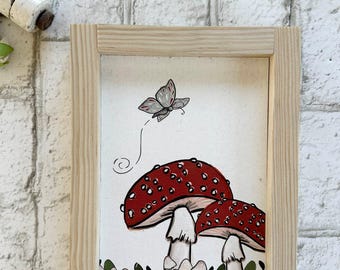 Toadstools and Butterflies  / Wood Framed Print