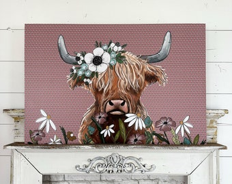 Pink Floral Highland Cow Illustration - Print On Canvas