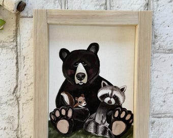 Bear and Raccoon Friends / Wood Framed Print