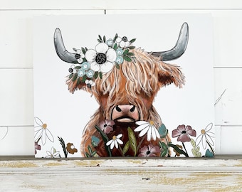 Floral Highland Cow Illustration - Print On Canvas