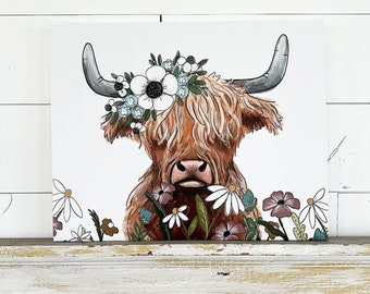 Floral Highland Cow Illustration - Print On Canvas