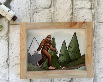 Bigfoot in the Woods / Wood Framed Print