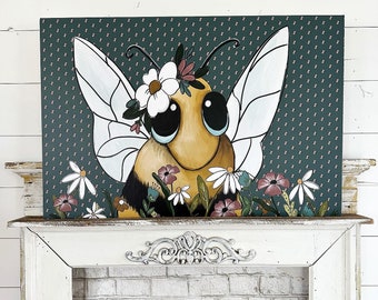 Floral Bumblebee Illustration - Print On Canvas