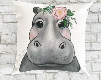 Hippopotamus with Flower Crown  Pillow