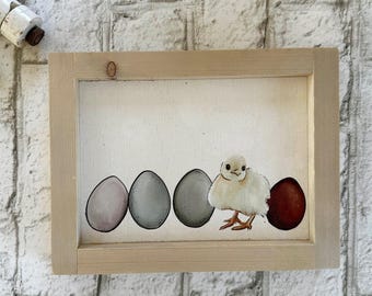 Baby Chick & Rainbow Eggs / Wood Framed Print