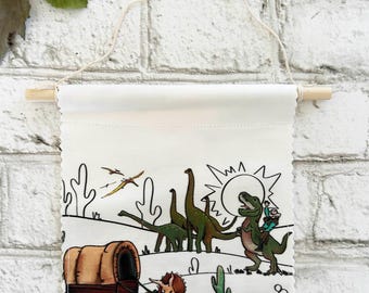 Oregon Trail Dinosaurs and Cowboys - Banner/Wall Hanging/ Pennant