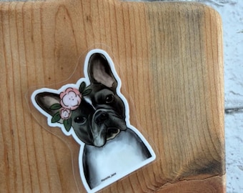 Frenchie with Flowers - Die Cut Permanent Sticker (3.5x3.5 inches)