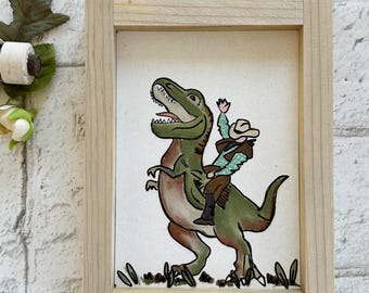 Cowboy and T-Rex / Wood Framed Print