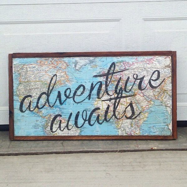 Adventure Awaits | Vintage Map | Reclaimed Wood | Wood Canvas