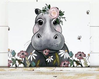 Floral Hippopotamus Illustration - Print On Canvas