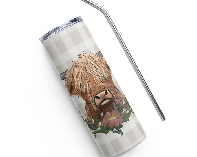 Featured listing image: Highland Cow on Plaid / Stainless steel tumbler with Reusable Metal Straw