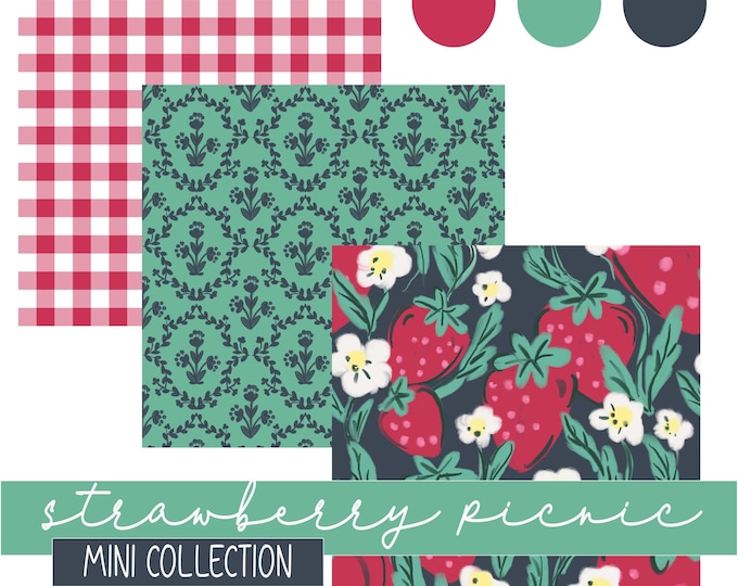 Featured listing image: Strawberry Picnic Mini Pattern Bundle – Hand Drawn Seamless Digital Download - Non Exclusive Design