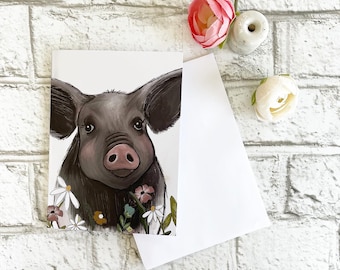 Black Pig with flowers - Blank Greeting Card
