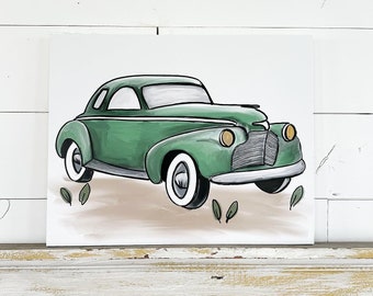 Vintage Green Car - Print On Canvas