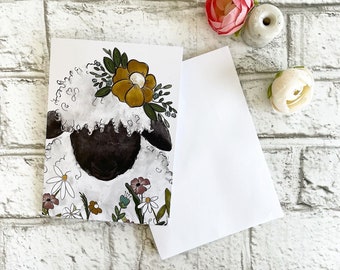 Valais Blacknose Sheep with flowers - Blank Greeting Card