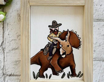 Cowboy and Triceratops / Wood Framed Print