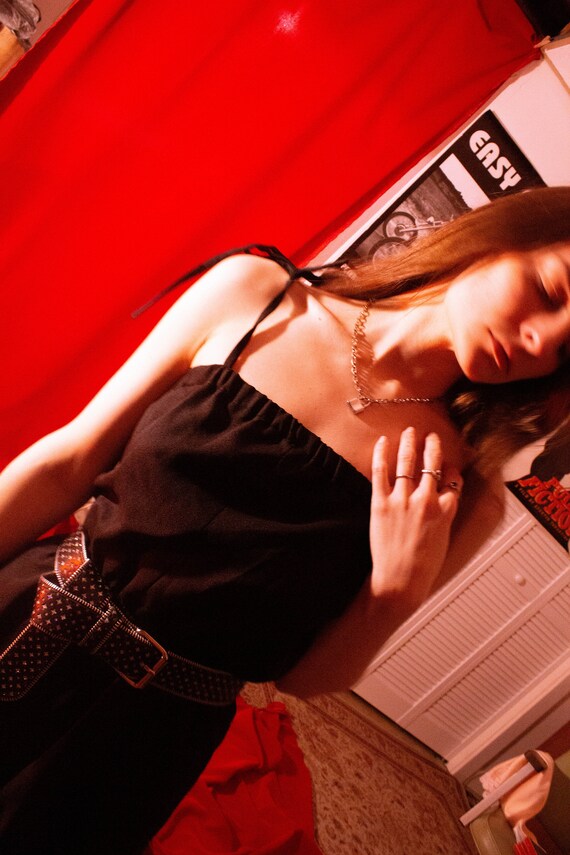 90/'s Black Polyester Jumpsuit with Tie Straps