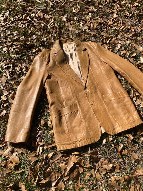 Vintage 70s Camel Brown Leather Blazer - image 4