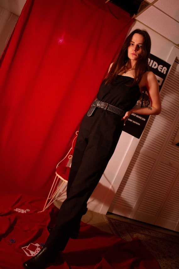 90/'s Black Polyester Jumpsuit with Tie Straps