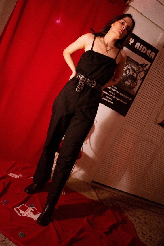 90/'s Black Polyester Jumpsuit with Tie Straps