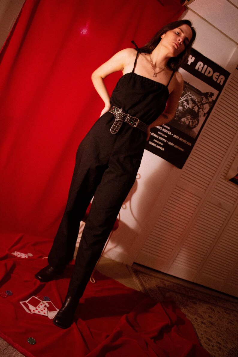90/'s Black Polyester Jumpsuit with Tie Straps
