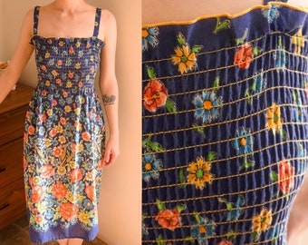 Vintage 70s Handmade Floral Wheat Navy Dress