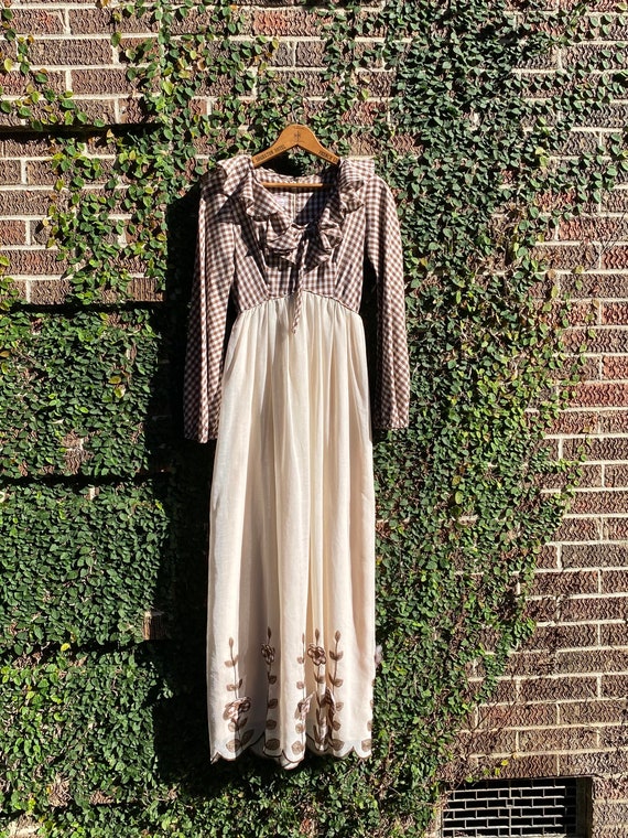 Vintage 70s Brown Gingham Candi Jones Long Dress … - image 1