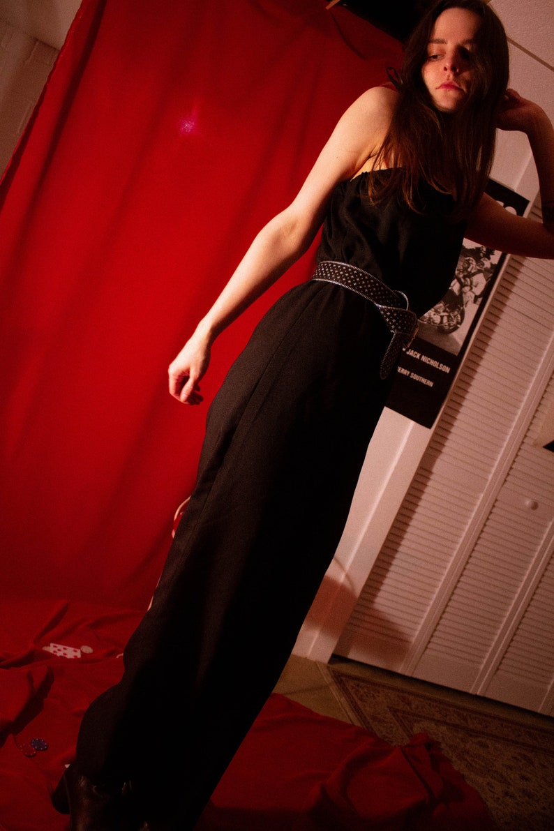 90/'s Black Polyester Jumpsuit with Tie Straps