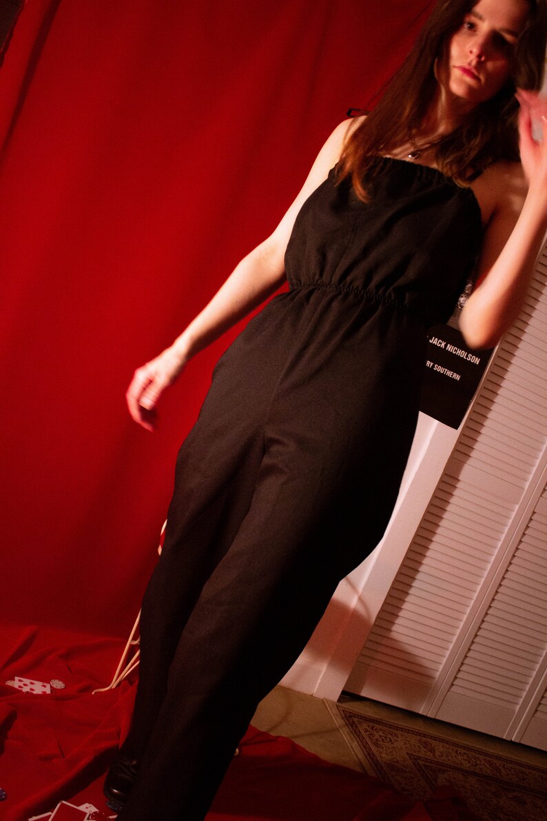 90/'s Black Polyester Jumpsuit with Tie Straps