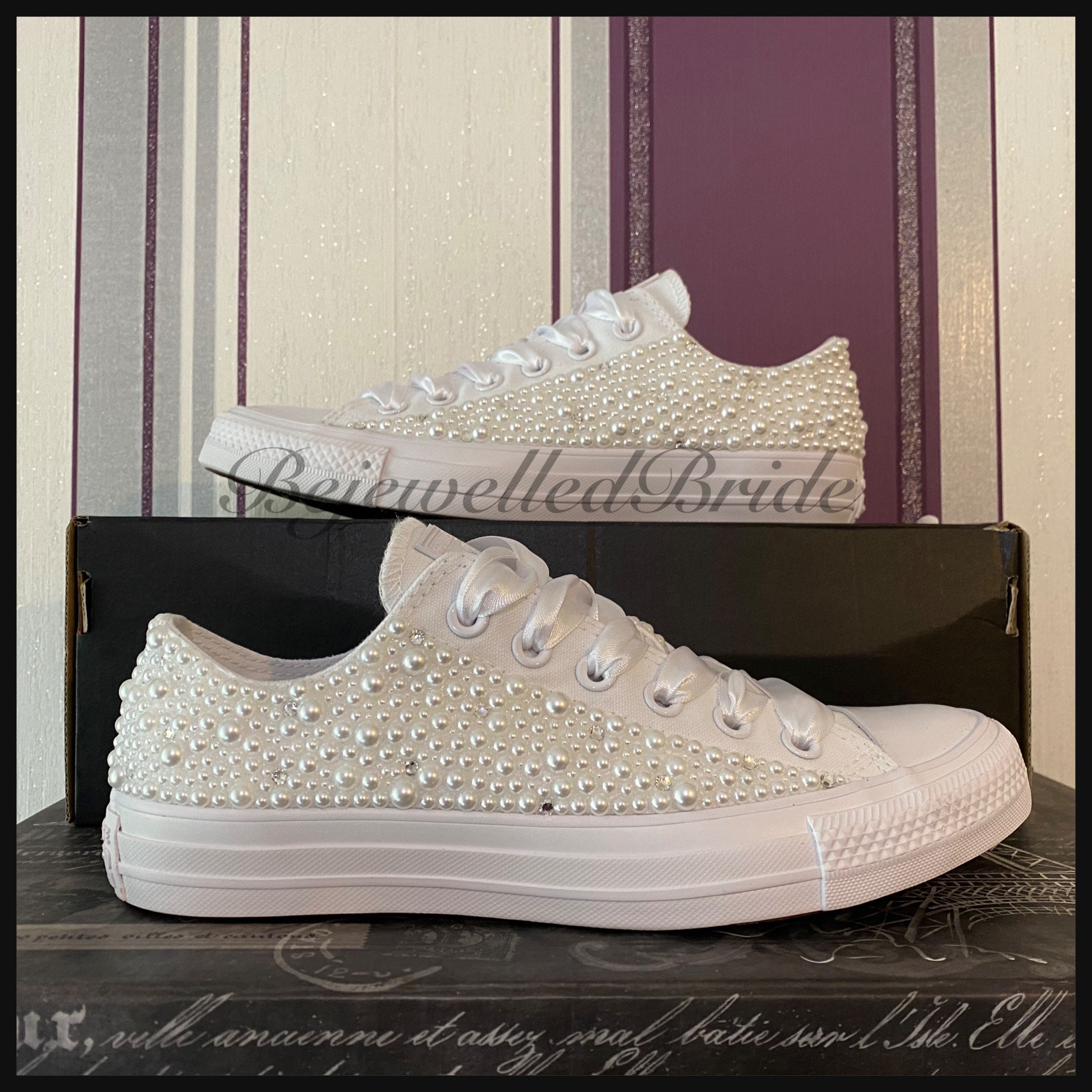 White Wedding Converse With Pearl and Sparkly Crystal - Etsy UK