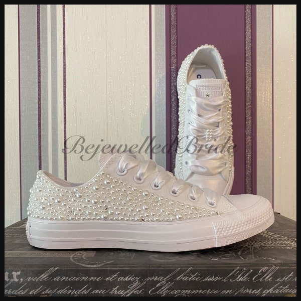 White wedding converse with pearl and sparkly crystal