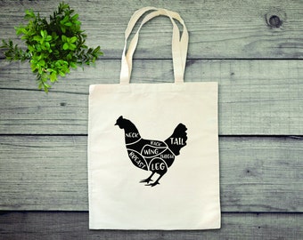 Chicken Butcher Meat Cuts Diagram Reusable Canvas Tote Bag, Reusable Grocery Bag, Shopping Bag, Zero Waste Everyday cotton tote, great gift