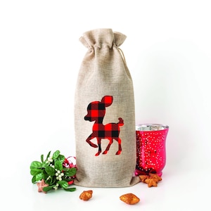 Red Plaid Christmas Deer wine gift bag, hostess gift, wine tote present, great gift
