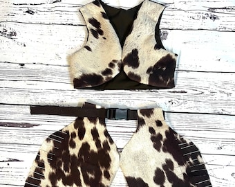 Cowprint Faux Fur Infant Cowboy Outfit, Western Vest and Chaps, Western Dress up