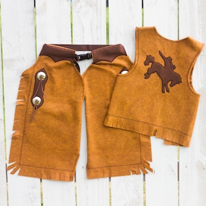 Felt Cowboy Chaps and Vest, Cowboy Outfit, Cowboy Costume for Toddler, Cowgirl Outfit, Western Costume, Chaps Bucking horse