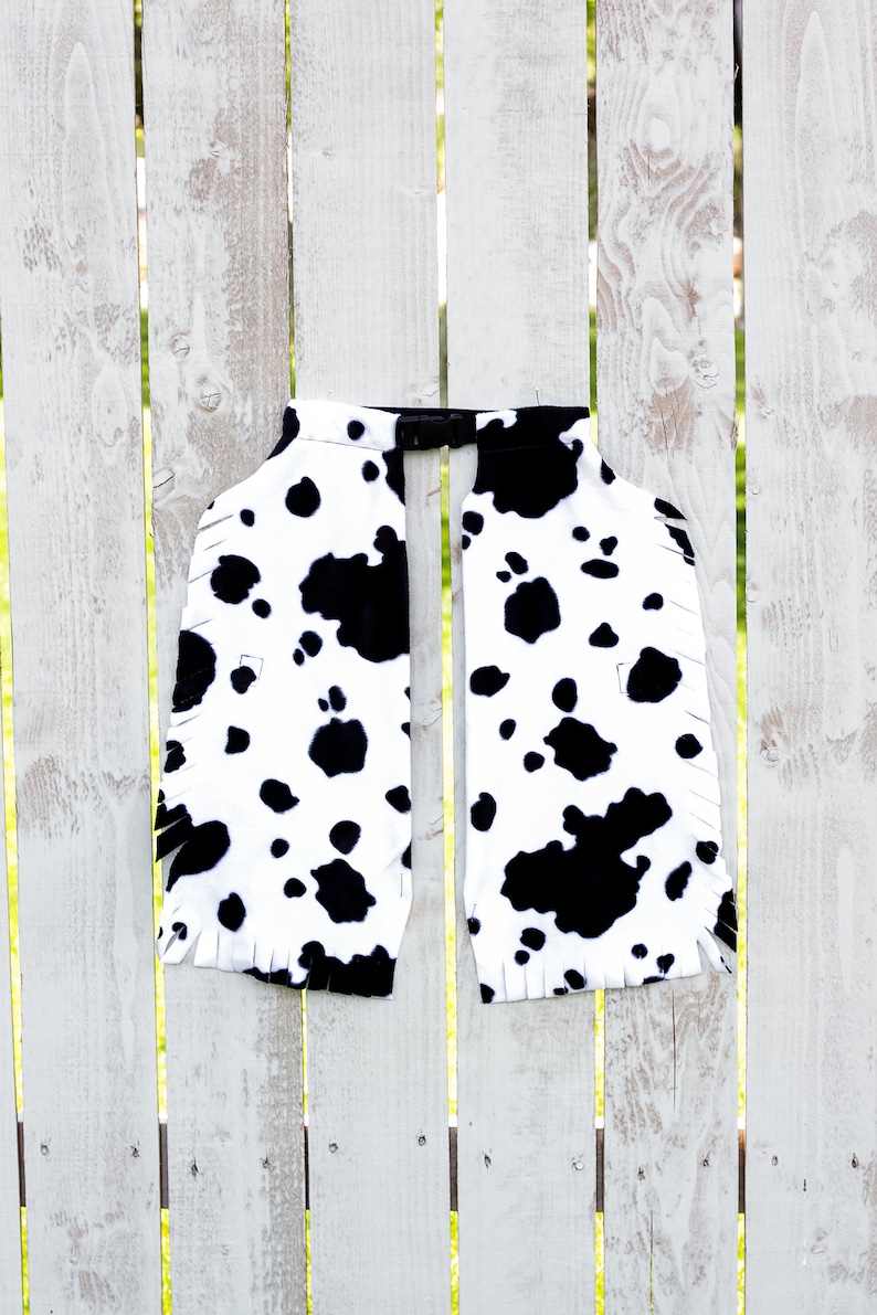 May include: A black and white cow print chaps with fringe. The chaps are hanging on a white wooden fence.
