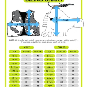 May include: Sizing chart for vests and chaps for children, with measurements in inches. The chart shows age, height, and length for both vests and chaps. The chart is on a green background with a white border.