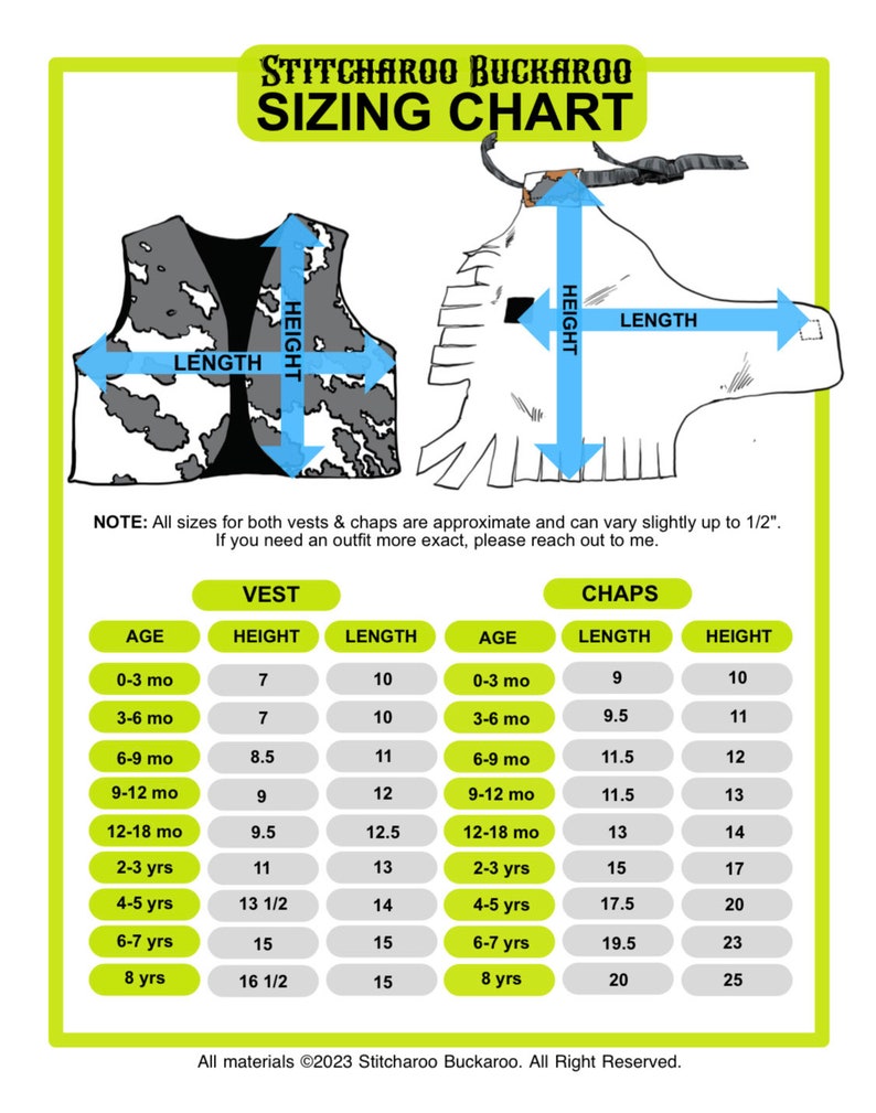 May include: Sizing chart for vests and chaps for children, with measurements in inches. The chart shows age, height, and length for both vests and chaps. The chart is on a green background with a white border.