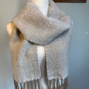 Scarf Handwoven Tan & White Alpaca Hand Woven Scarf Gift for him