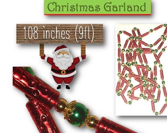 Vintage CHRISTMAS Garland, 9 FEET, 108 Inches, Tree, Mantle, Christmas Decoration, Décor, Holiday, Red, Green ,Long, Beaded Garland