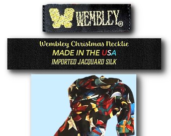 Vintage, Wembley Christmas Necktie, Colorful, Imported, Jacquard Silk, MADE in USA, Christmas Tie, Gifts and Stars, Gift for Him, HOLIDAY